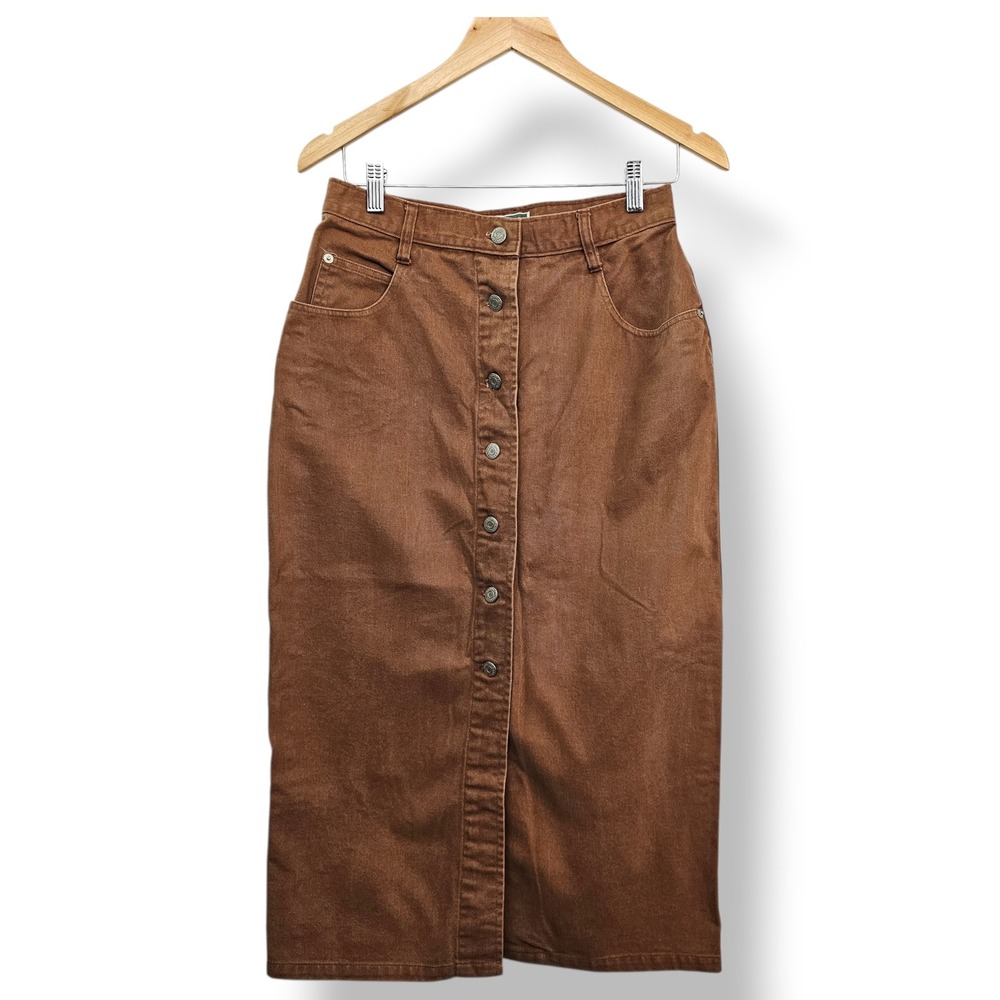 Vintage CENZA Midi Skirt 10 Tan Denim‎ Button Front Boho Western Cowgirl Y2K 90s